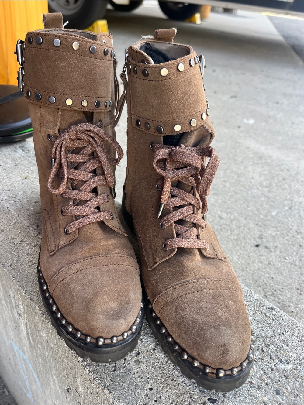 Sam Edelman Brown Suede Lace-Up Studded Combat Boots